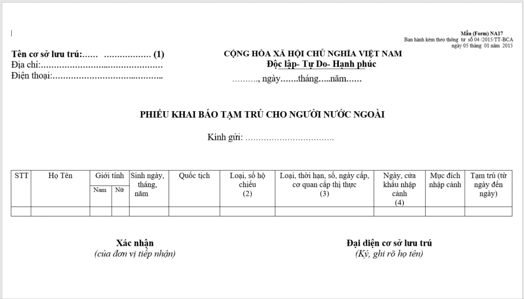 emporary residence registration form for foreigners (Form NA17)